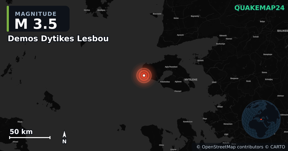 M3.5 earthquake near Demos Dytikes Lesbou on Nov 28, 2025 — map of epicenter and shaking intensity | QuakeMap24