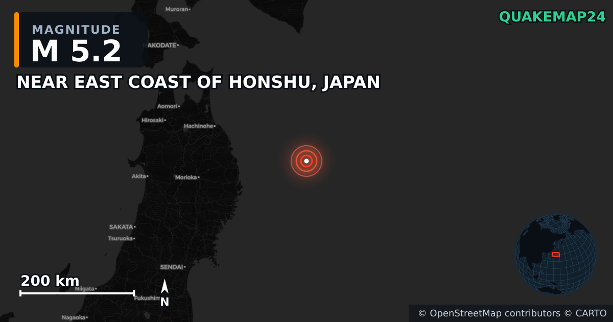 M5.2 earthquake near NEAR EAST COAST OF HONSHU, JAPAN on Apr 20, 2026 — map of epicenter and shaking intensity | QuakeMap24