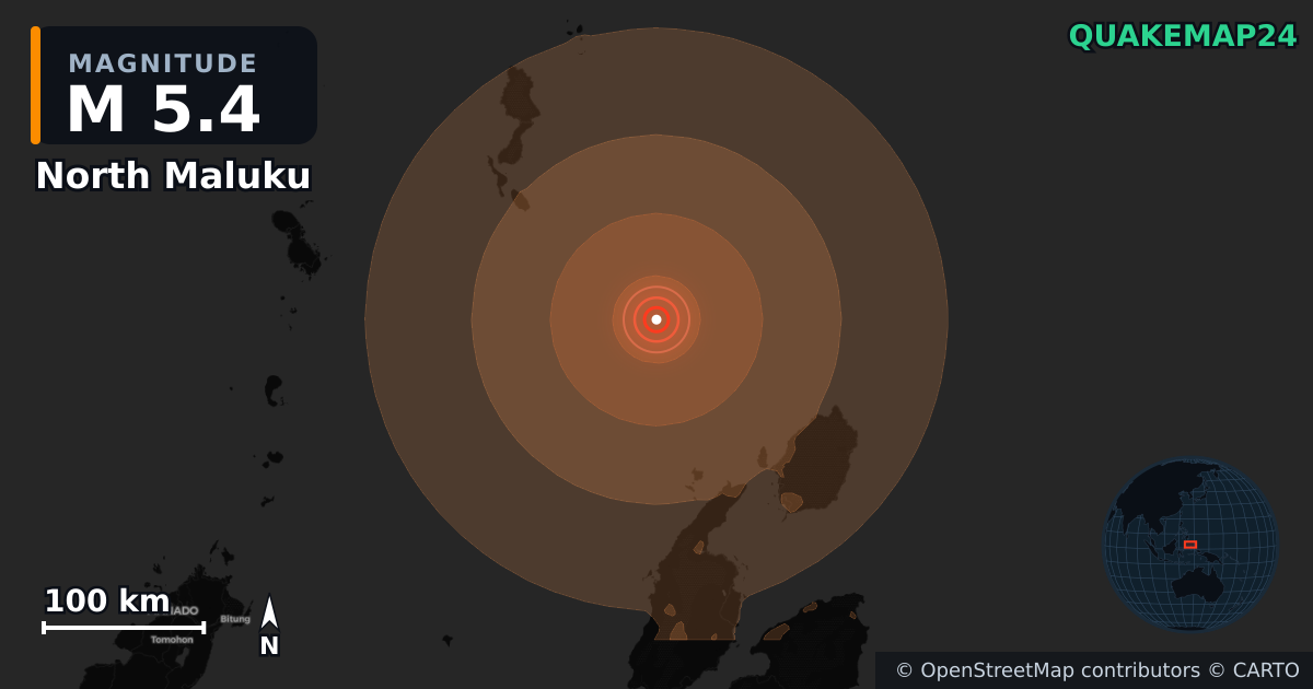 M5.4 earthquake near North Maluku on Jul 7, 2026 — map of epicenter and shaking intensity | QuakeMap24