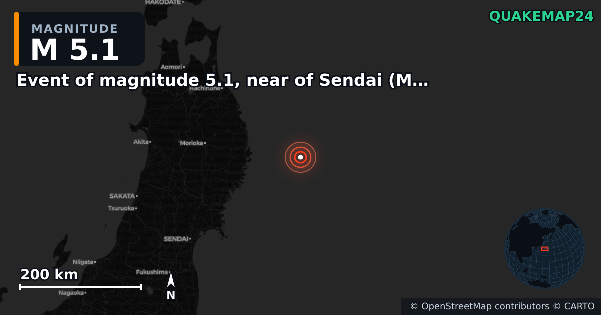M5.1 earthquake near Event of magnitude 5.1, near of Sendai (Monde) on Mar 27, 2026 — map of epicenter and shaking intensity | QuakeMap24