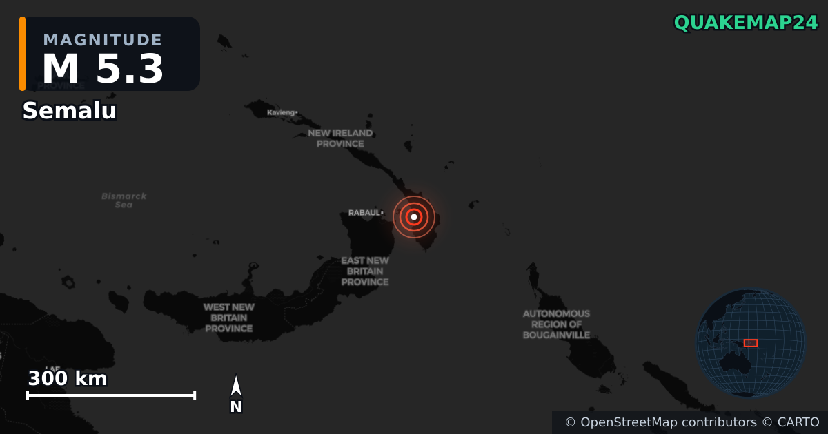 M5.3 earthquake near Semalu on Aug 7, 2025 — map of epicenter and shaking intensity | QuakeMap24