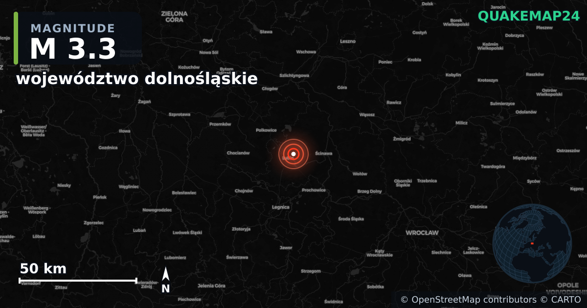 M3.3 earthquake near województwo dolnośląskie on Nov 28, 2025 — map of epicenter and shaking intensity | QuakeMap24