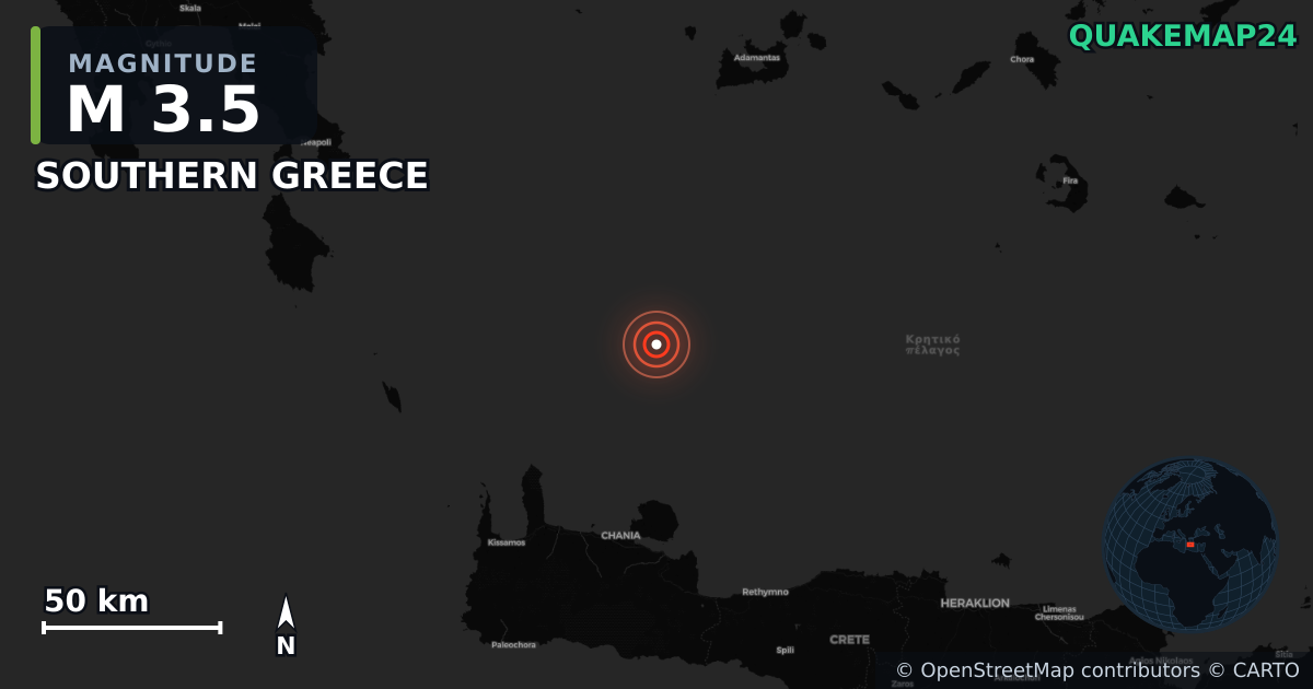 M3.5 earthquake near SOUTHERN GREECE on Aug 19, 2025 — map of epicenter and shaking intensity | QuakeMap24