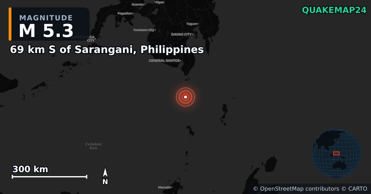 M5.3 earthquake near 69 km S of Sarangani, Philippines on Jun 8, 2026 — map of epicenter and shaking intensity | QuakeMap24