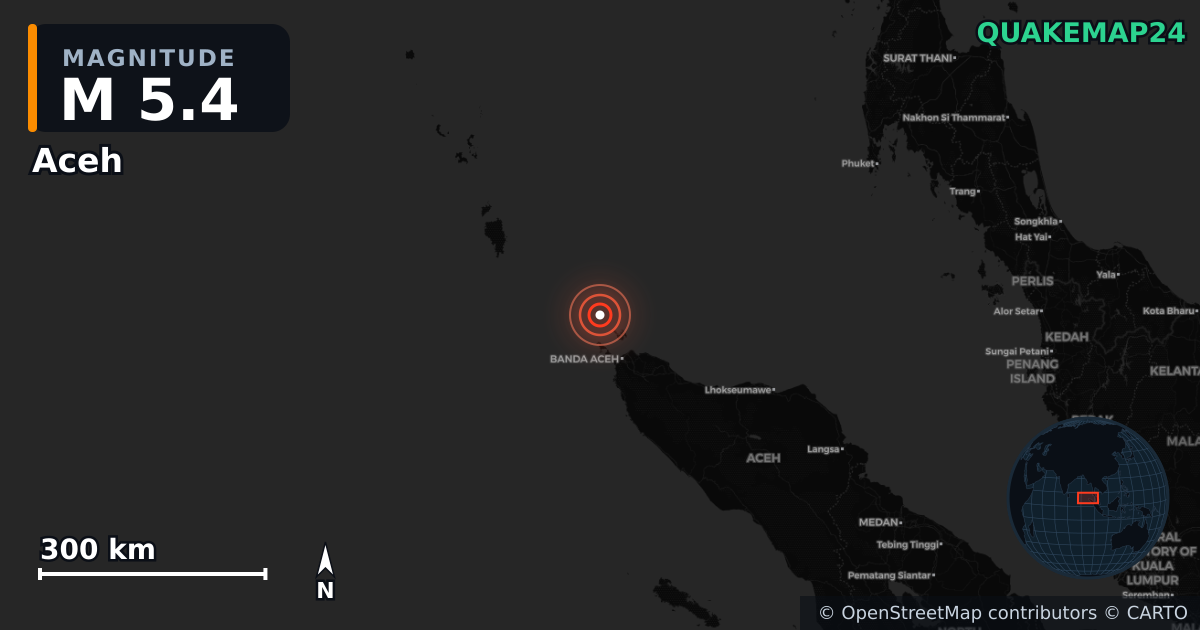 M5.4 earthquake near Aceh on Jul 5, 2025 — map of epicenter and shaking intensity | QuakeMap24