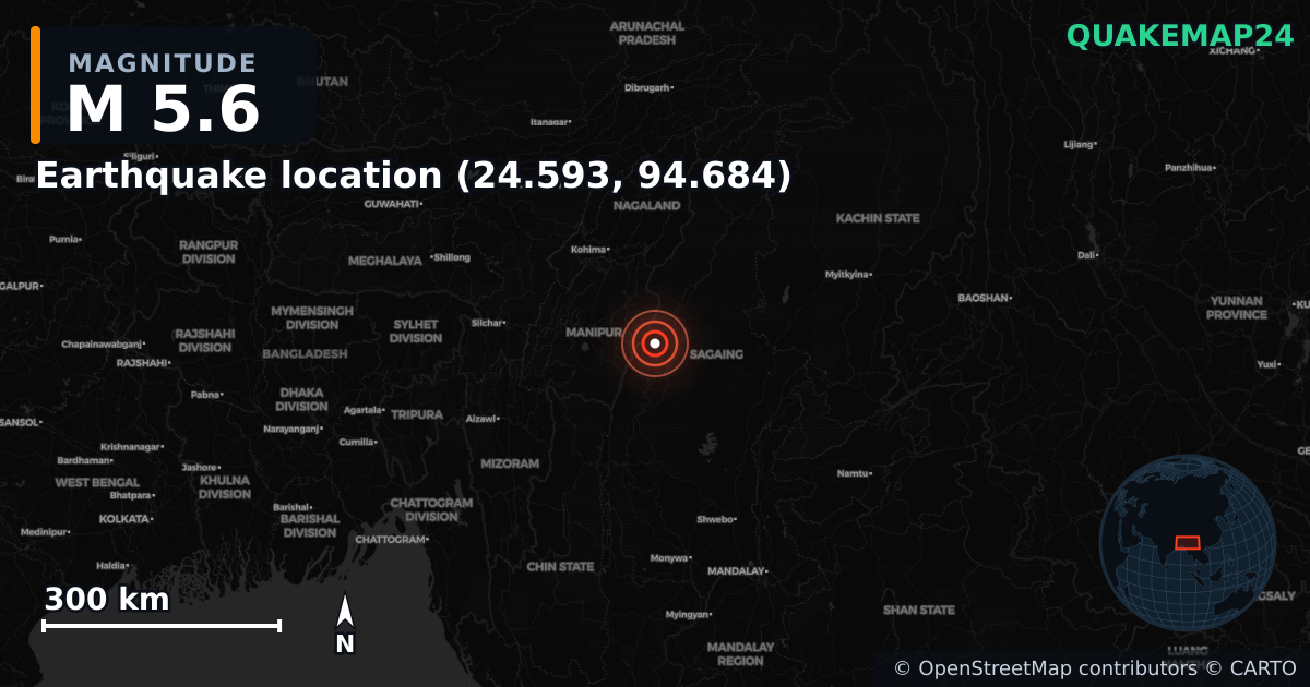 M5.6 earthquake near Lieu du séisme (24.593, 94.684) on Mar 5, 2025 — map of epicenter and shaking intensity | QuakeMap24