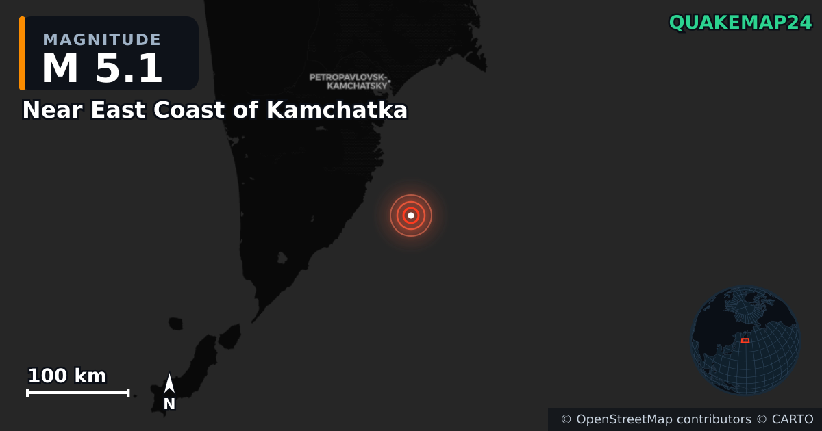 M5.1 earthquake near Near East Coast of Kamchatka on Aug 24, 2025 — map of epicenter and shaking intensity | QuakeMap24