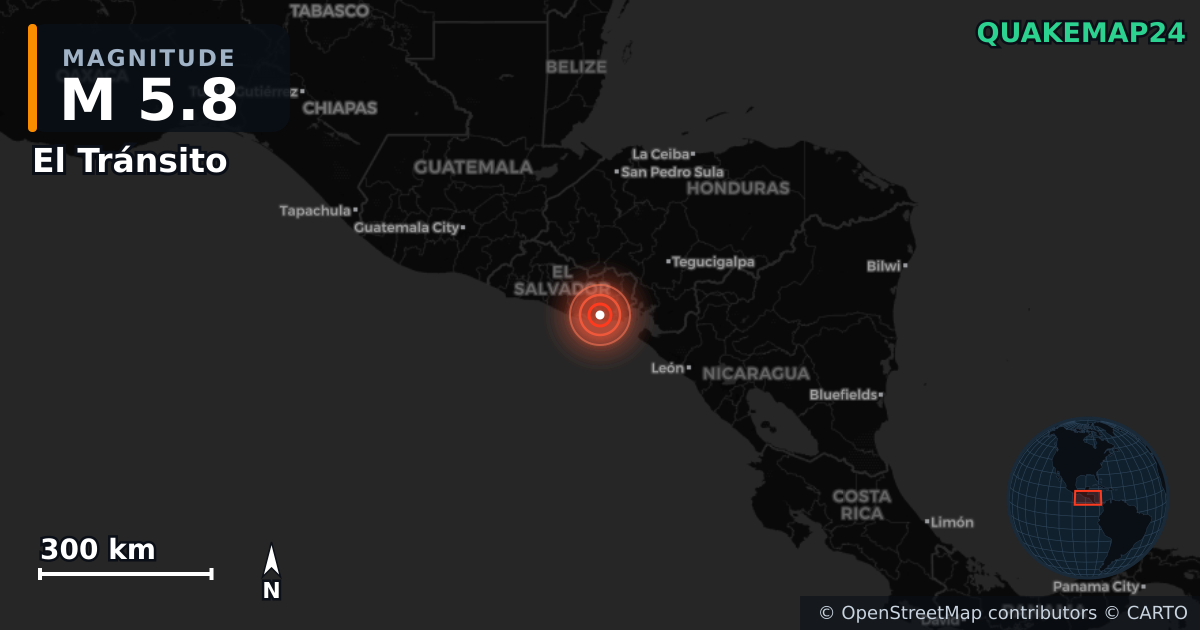 M5.8 earthquake near El Tránsito on Jan 5, 2025 — map of epicenter and shaking intensity | QuakeMap24