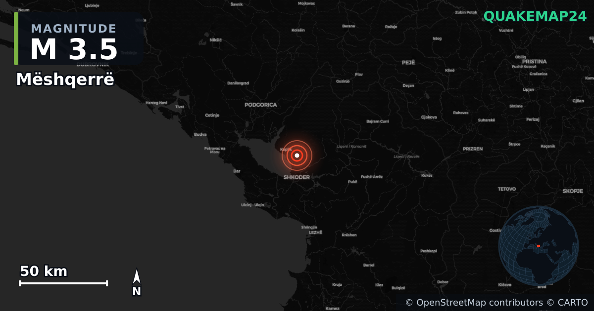 M3.5 earthquake near Mëshqerrë on Apr 7, 2026 — map of epicenter and shaking intensity | QuakeMap24