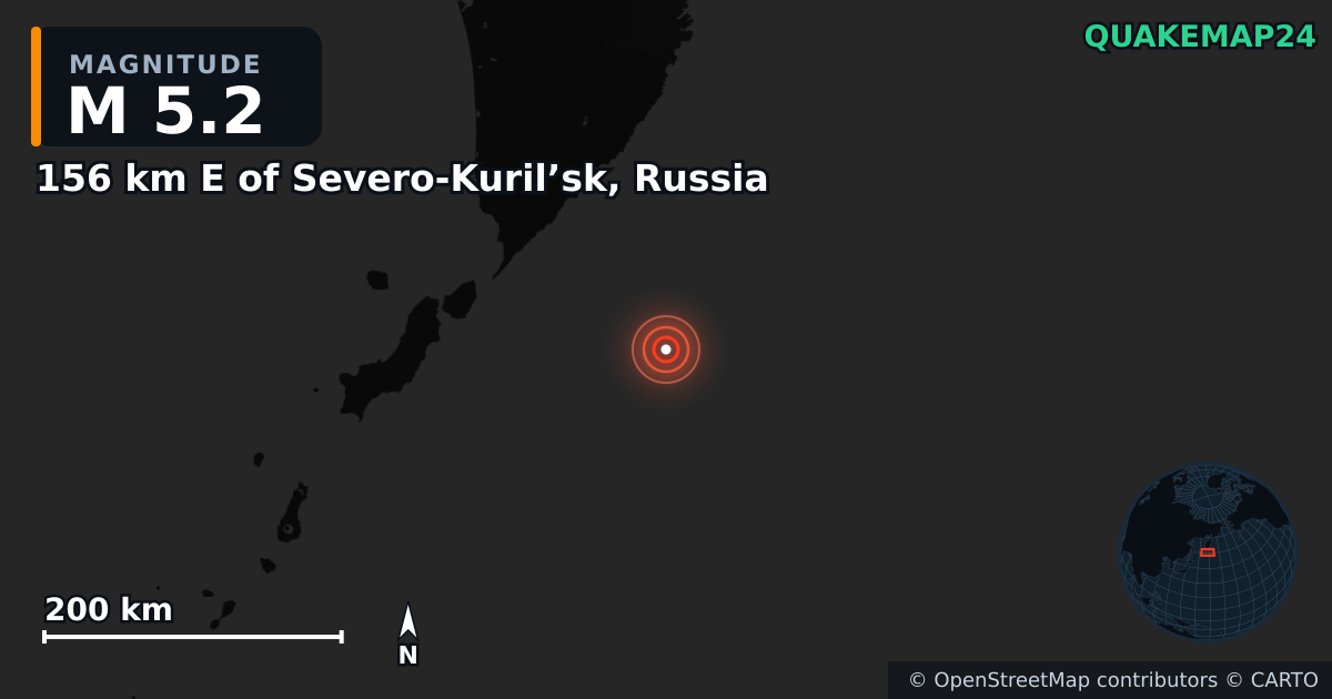 Terremoto de M5,2 cerca de 156 km E of Severo-Kuril’sk, Russia — Mapa de la ubicación del epicentro
