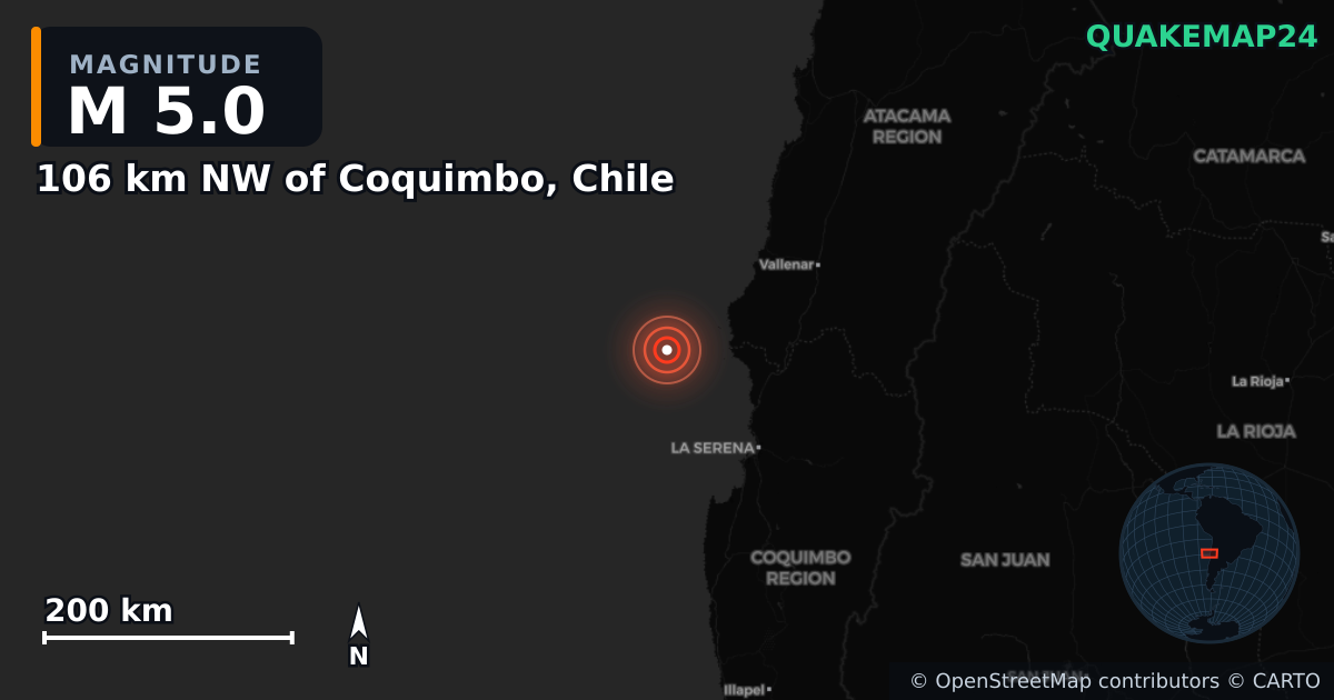 M5.0 earthquake near 106 km NW of Coquimbo, Chile on Jul 5, 2026 — map of epicenter and shaking intensity | QuakeMap24