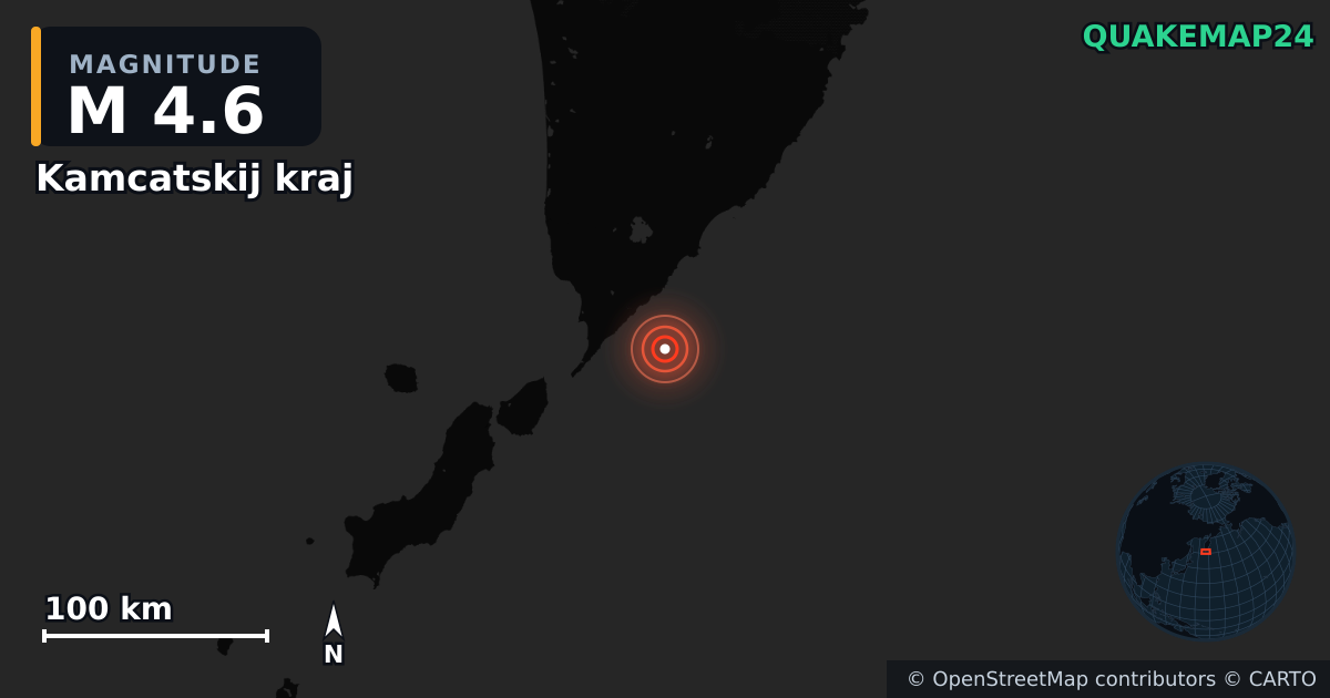 M4.6 earthquake near Kamcatskij kraj on Jun 3, 2026 — map of epicenter and shaking intensity | QuakeMap24