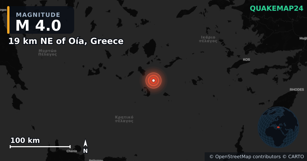 M4.0 earthquake near 19 km NE of Oía, Greece on Feb 19, 2025 — map of epicenter and shaking intensity | QuakeMap24