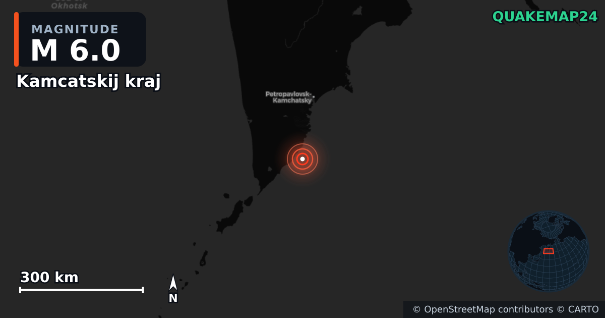 M6.0 earthquake near Kamcatskij kraj on Oct 9, 2025 — map of epicenter and shaking intensity | QuakeMap24