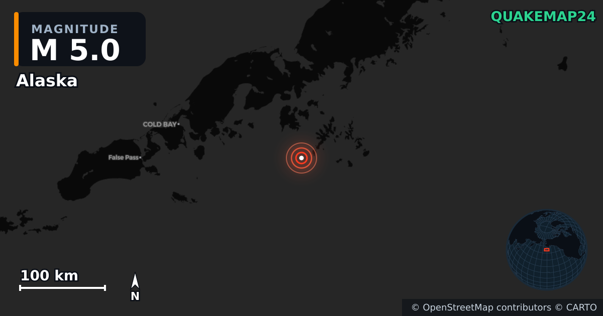 M5.0 earthquake near Alaska on Dec 7, 2025 — map of epicenter and shaking intensity | QuakeMap24