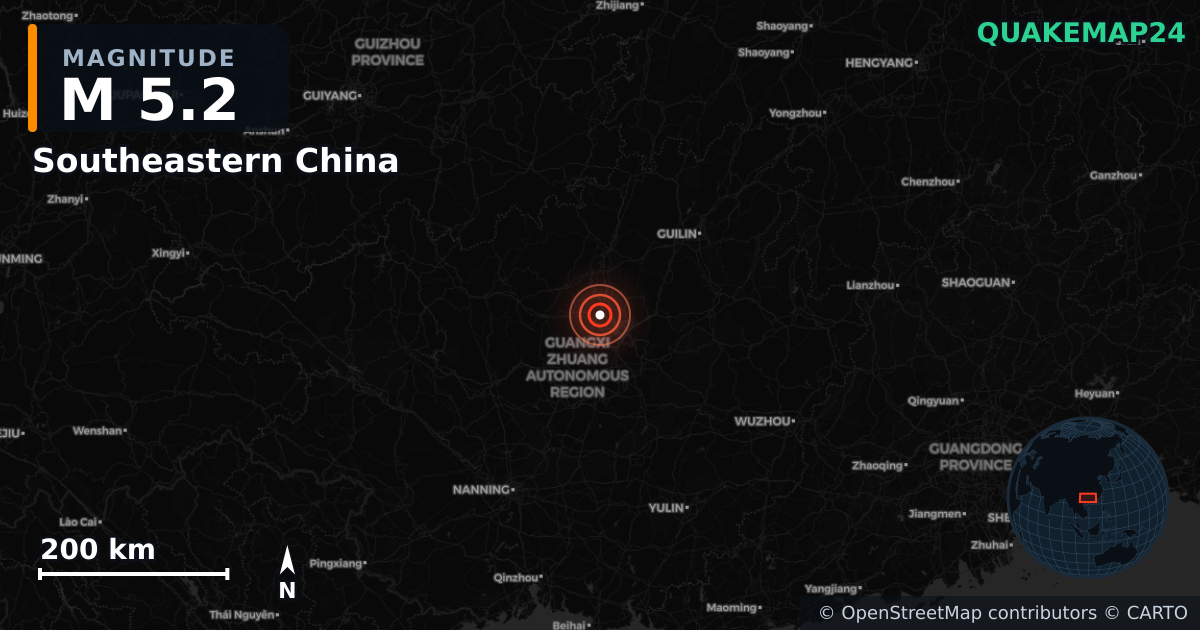 M5.2 earthquake near Southeastern China on May 18, 2026 — map of epicenter and shaking intensity | QuakeMap24