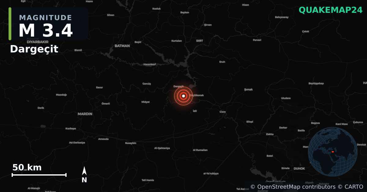 M3.4 earthquake near Dargeçit on Jun 4, 2025 — map of epicenter and shaking intensity | QuakeMap24
