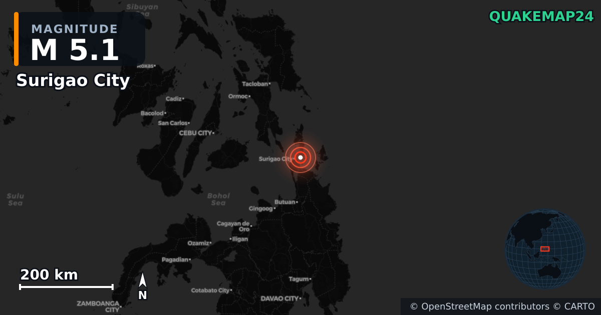 M5.1 earthquake near Surigao City on Feb 5, 2026 — map of epicenter and shaking intensity | QuakeMap24