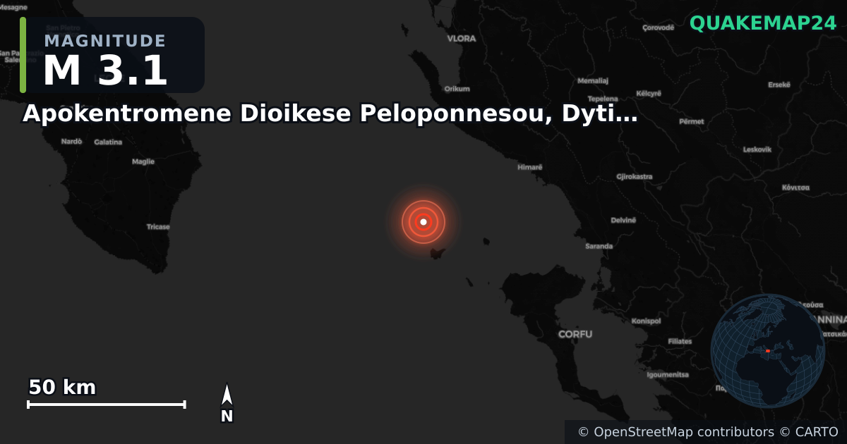 M3.1 earthquake near Apokentromene Dioikese Peloponnesou, Dytikes Elladas kai Ioniou on Jul 3, 2025 — map of epicenter and shaking intensity | QuakeMap24