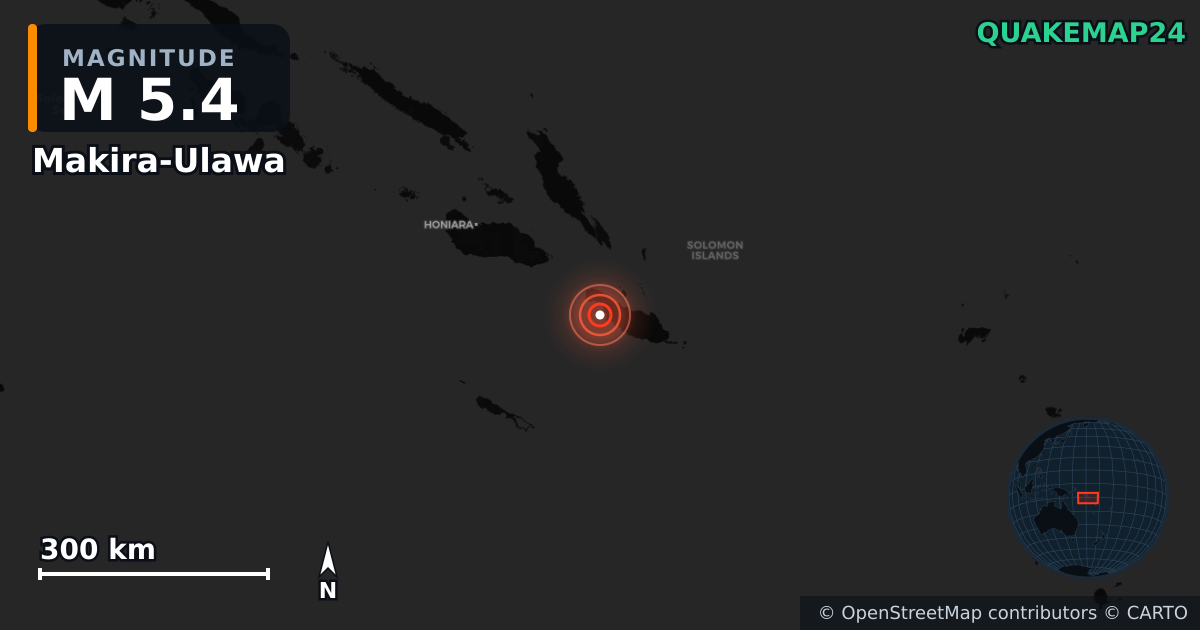 M5.4 earthquake near Makira-Ulawa on Oct 19, 2025 — map of epicenter and shaking intensity | QuakeMap24