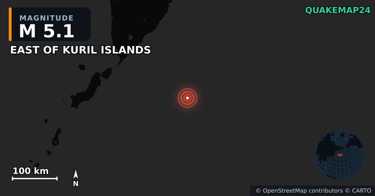 M5.1 earthquake near EAST OF KURIL ISLANDS on Aug 3, 2025 — map of epicenter and shaking intensity | QuakeMap24