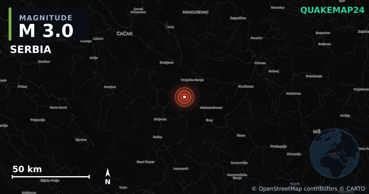 M3.0 earthquake near SERBIA on Apr 29, 2025 — map of epicenter and shaking intensity | QuakeMap24