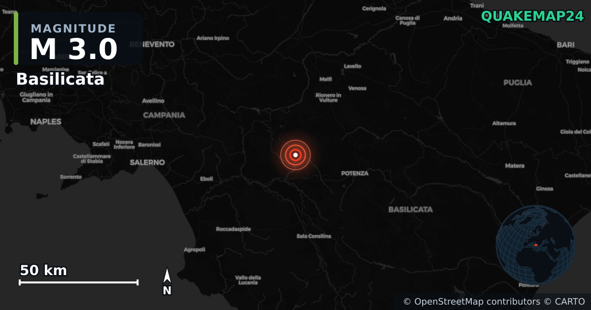 M3.0 earthquake near Basilicata on Jun 20, 2025 — map of epicenter and shaking intensity | QuakeMap24