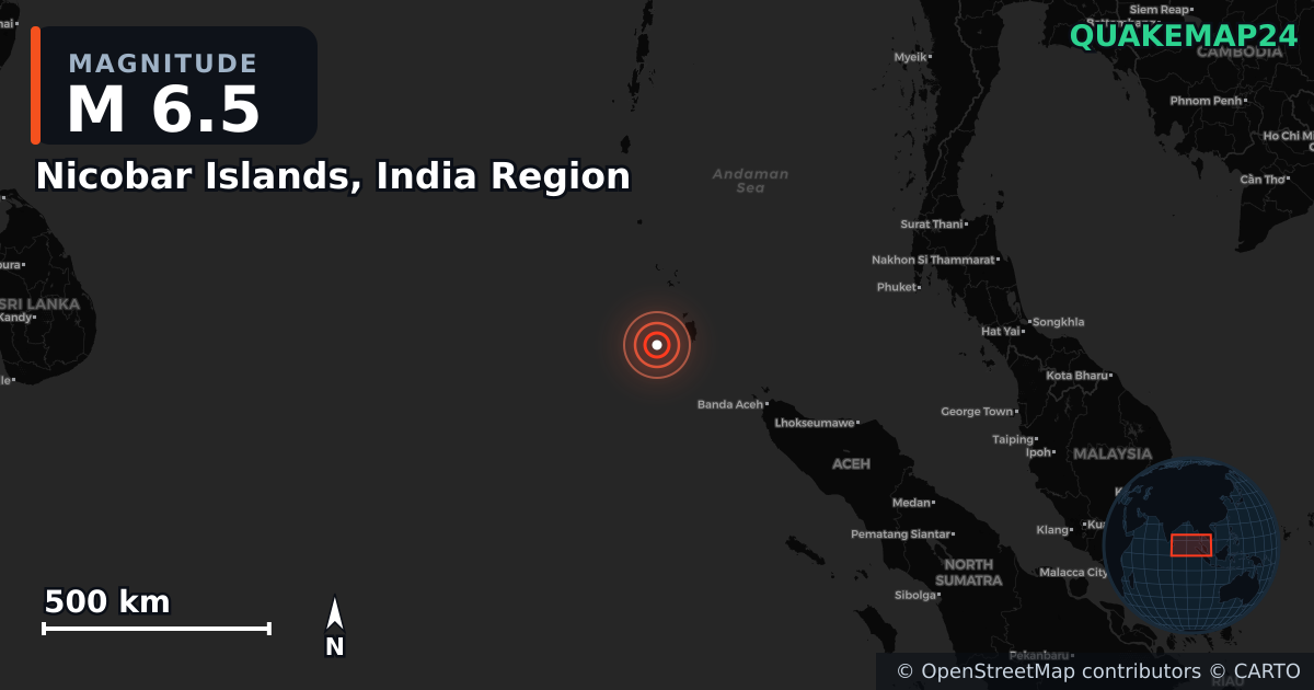 M6.5 earthquake near Nicobar Islands, India Region on Jul 28, 2025 — map of epicenter and shaking intensity | QuakeMap24