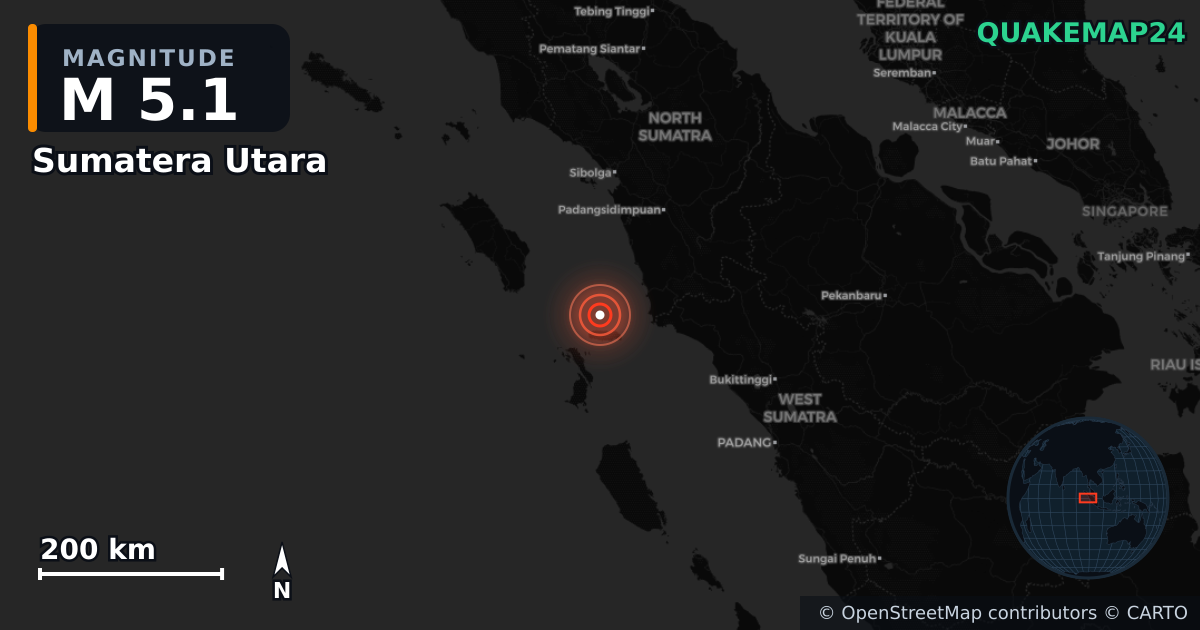 M5.1 earthquake near Sumatera Utara on Dec 2, 2025 — map of epicenter and shaking intensity | QuakeMap24