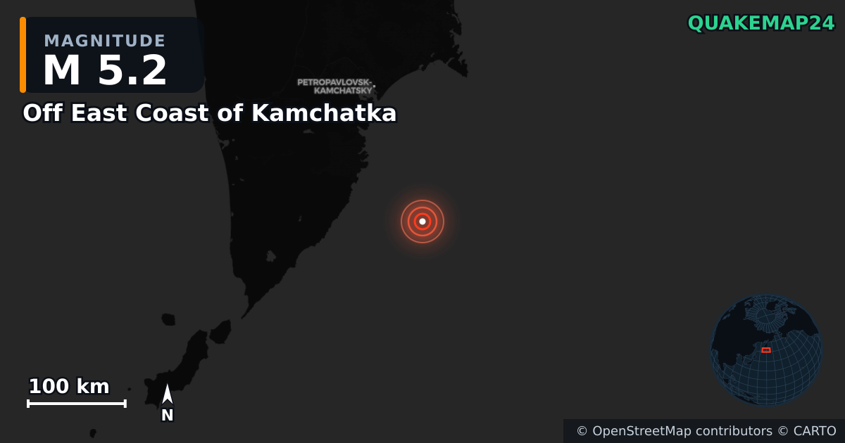 M5.2 earthquake near Off East Coast of Kamchatka on Aug 3, 2025 — map of epicenter and shaking intensity | QuakeMap24