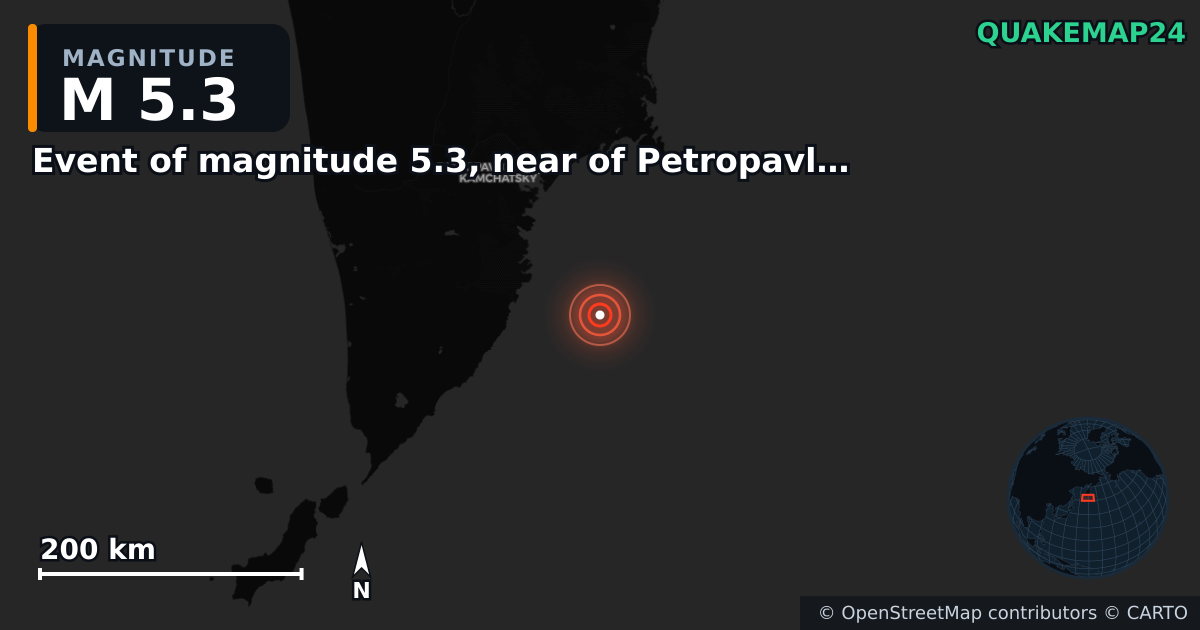 M5.3 earthquake near Event of magnitude 5.3, near of Petropavlovsk Kamchatskiy (Monde) on Oct 3, 2025 — map of epicenter and shaking intensity | QuakeMap24