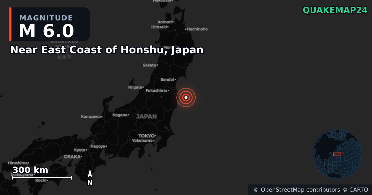 M6.0 earthquake near Near East Coast of Honshu, Japan on Oct 4, 2025 — map of epicenter and shaking intensity | QuakeMap24