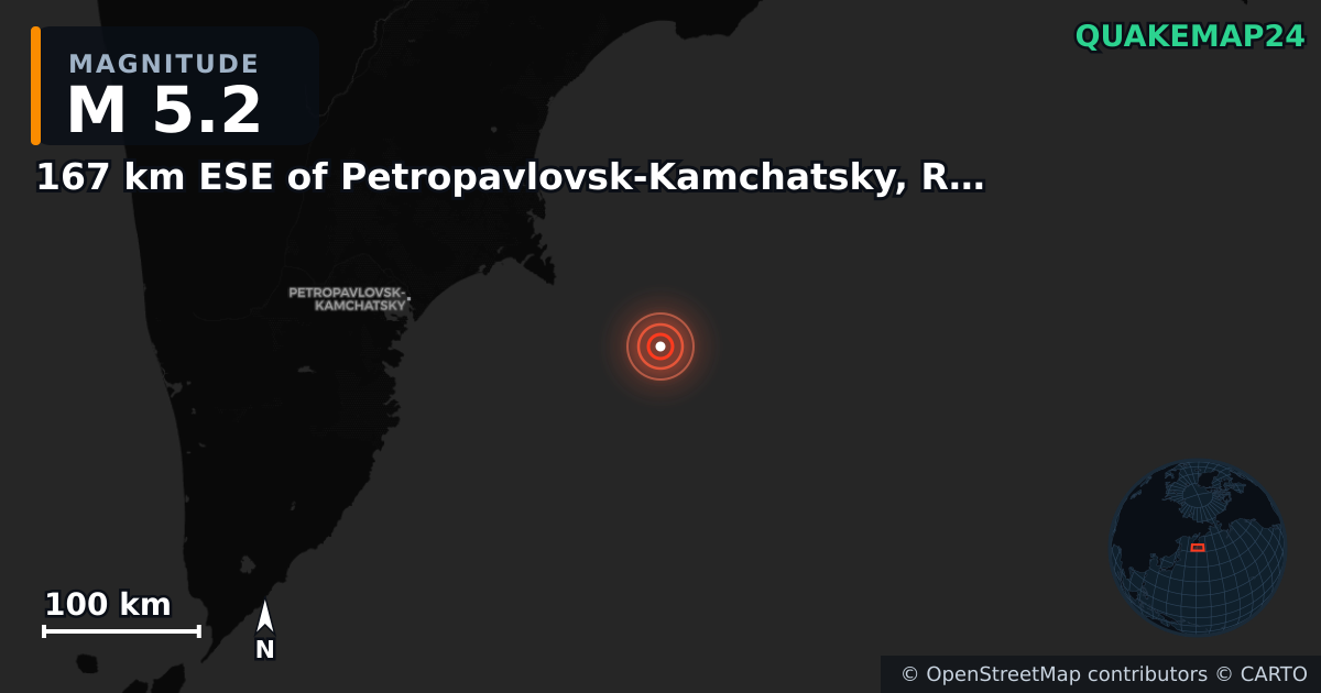 M5.2 earthquake near 167 km ESE of Petropavlovsk-Kamchatsky, Russia on Jun 19, 2026 — map of epicenter and shaking intensity | QuakeMap24