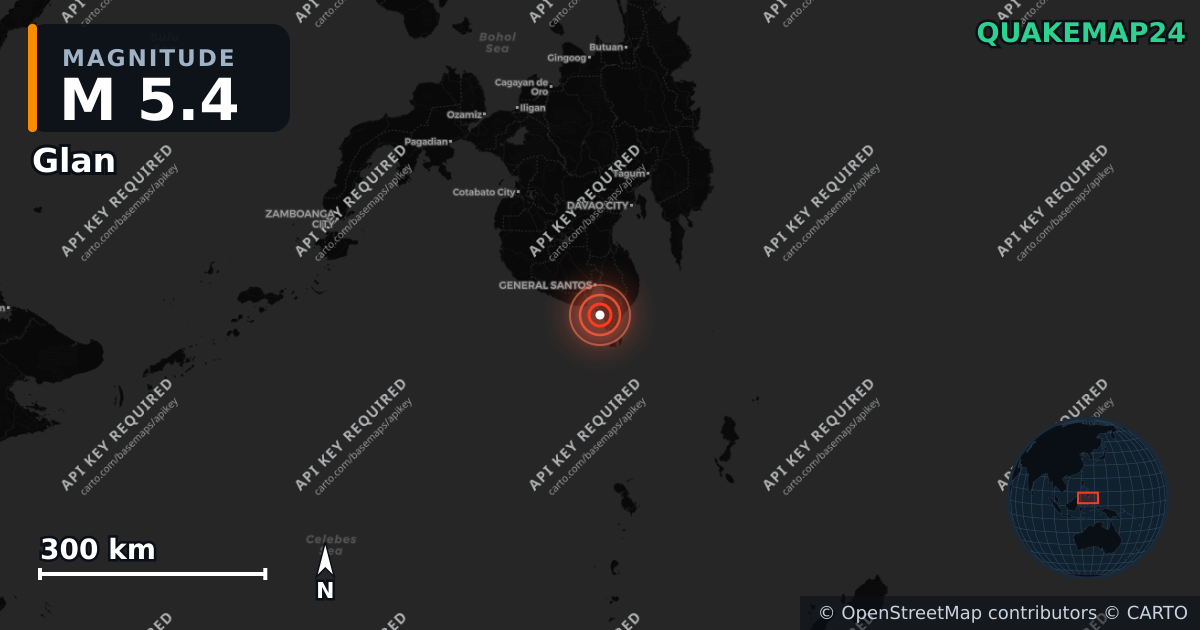 M5.4 earthquake near Glan on Jun 18, 2026 — map of epicenter and shaking intensity | QuakeMap24