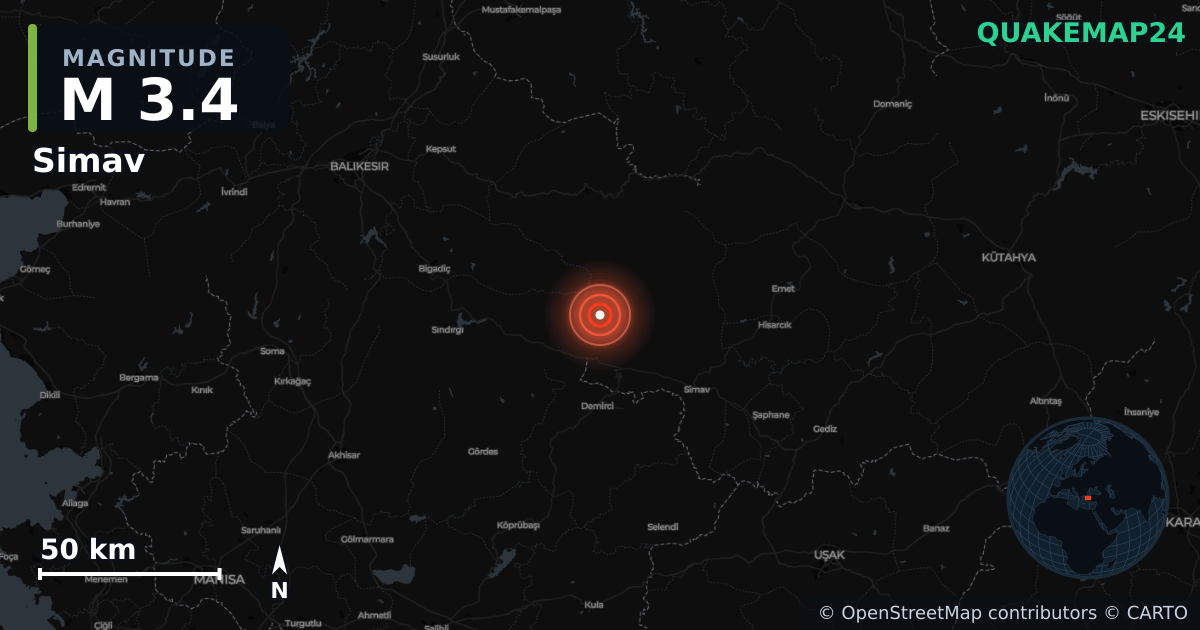 Terremoto de M3,4 cerca de Simav (Turquía) · 2025-11-30 — Mapa de la ubicación del epicentro