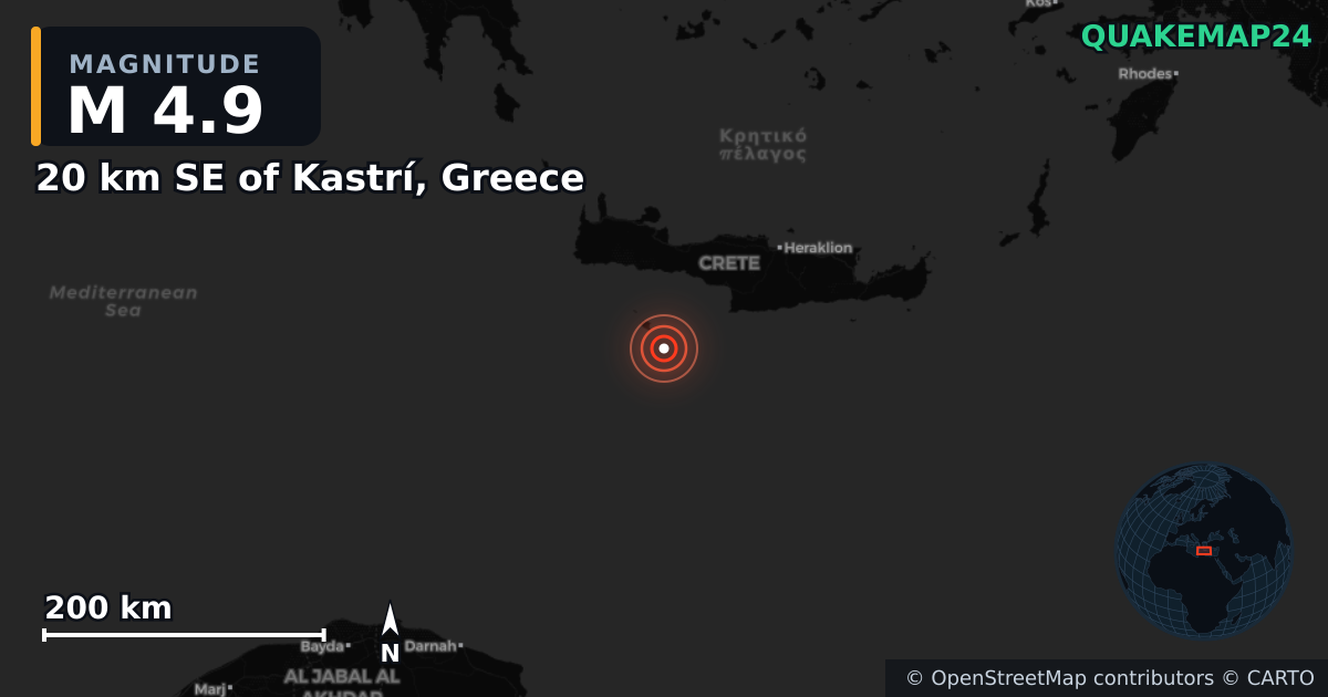 M4.9 earthquake near 20 km SE of Kastrí, Greece on Jun 20, 2026 — map of epicenter and shaking intensity | QuakeMap24
