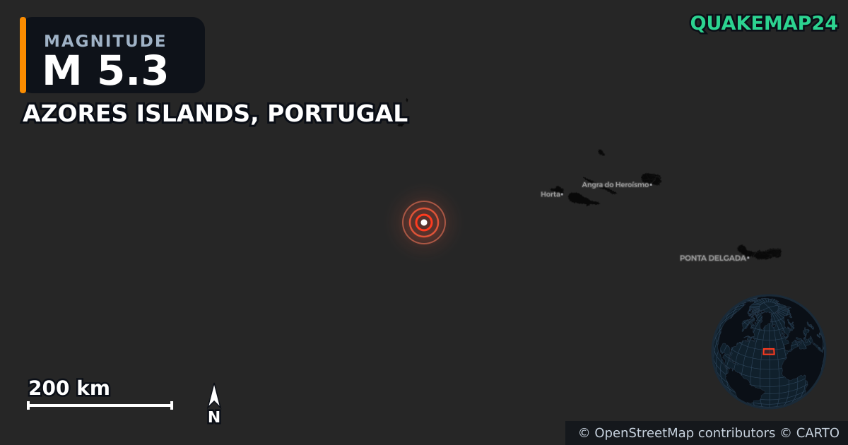 AZORES ISLANDS, PORTUGAL yakınında M5,3 deprem — Deprem merkez üssünün konumunu gösteren harita