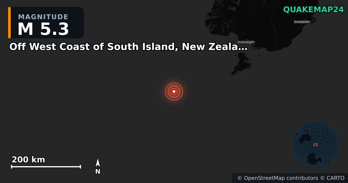 Erdbeben M5,3 bei Off West Coast of South Island, New Zealand · 2025-06-18 — Karte der Lage des Epizentrums