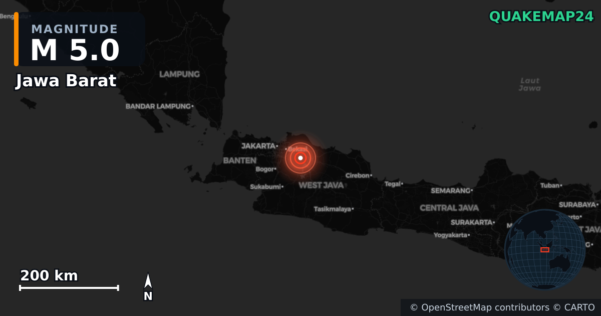 M5.0 earthquake near Jawa Barat on Aug 20, 2025 — map of epicenter and shaking intensity | QuakeMap24