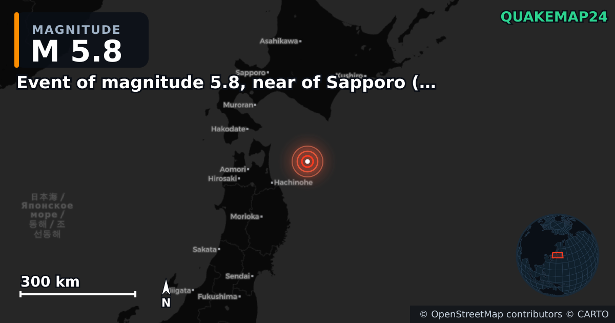 M5.8 earthquake near Event of magnitude 5.8, near of Sapporo (Monde) on Dec 10, 2025 — map of epicenter and shaking intensity | QuakeMap24