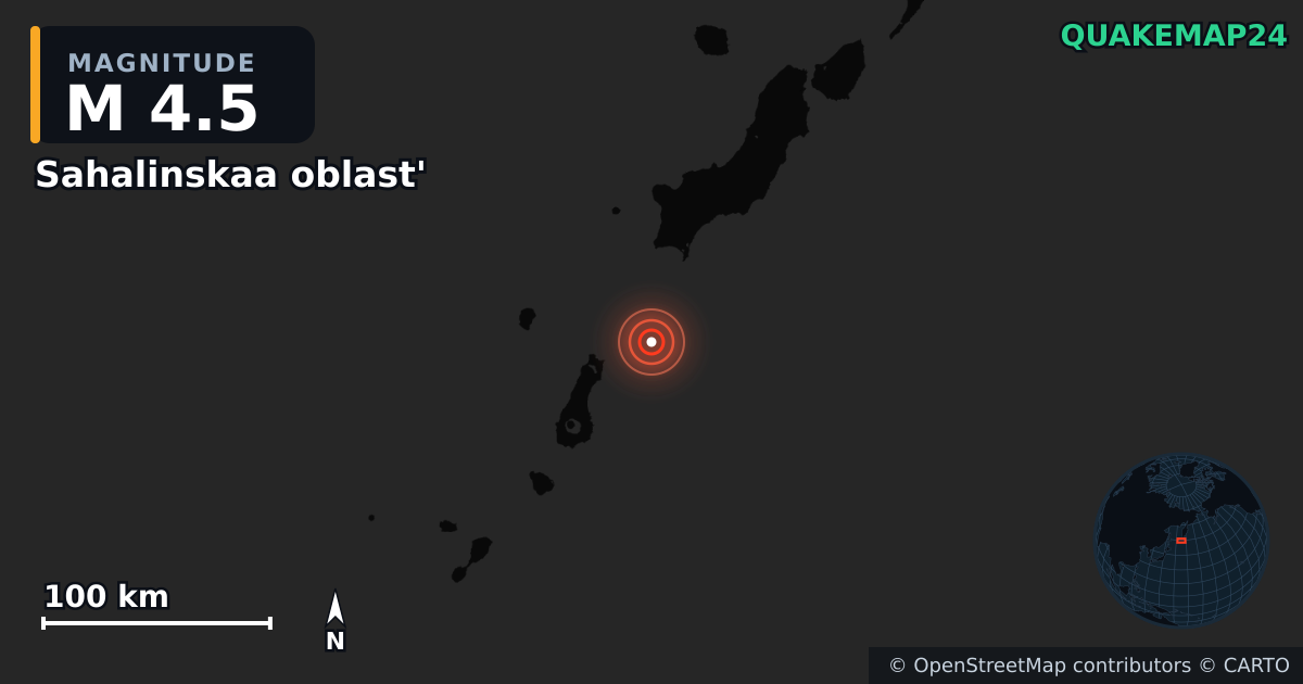 M4.5 earthquake near Sahalinskaa oblast' on Sep 5, 2025 — map of epicenter and shaking intensity | QuakeMap24