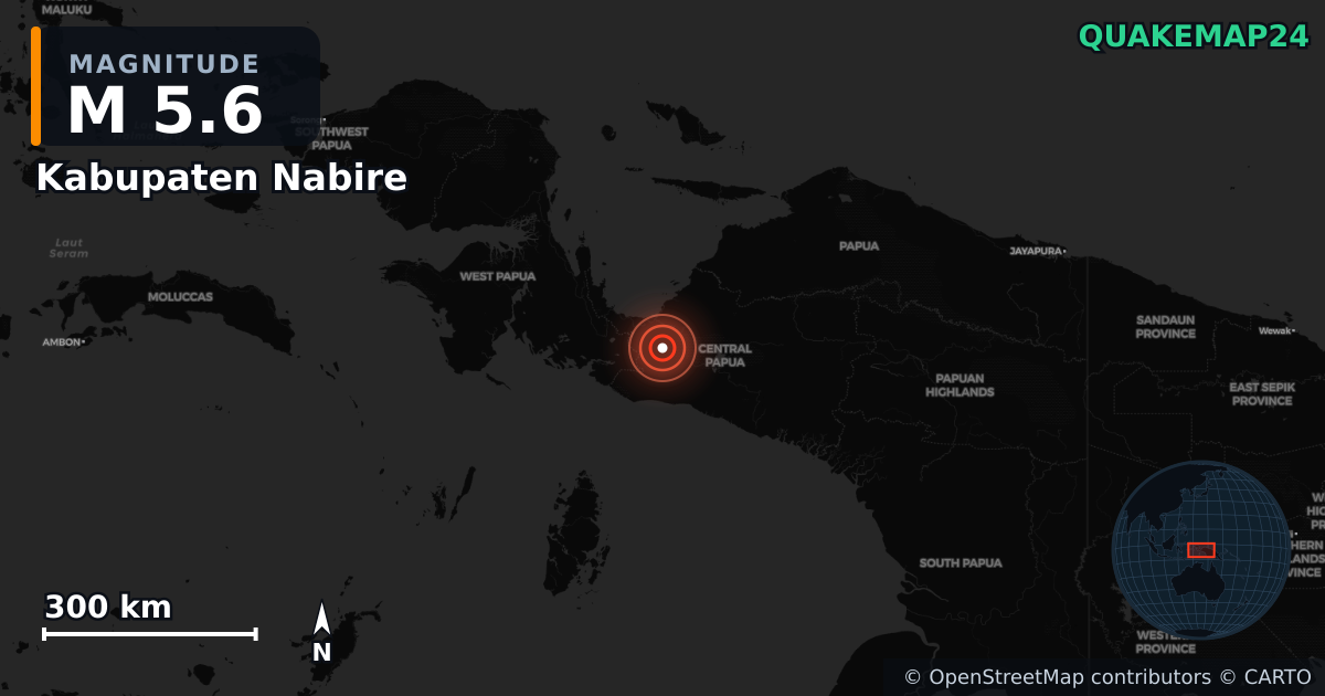 M5.6 earthquake near Kabupaten Nabire on Sep 18, 2025 — map of epicenter and shaking intensity | QuakeMap24