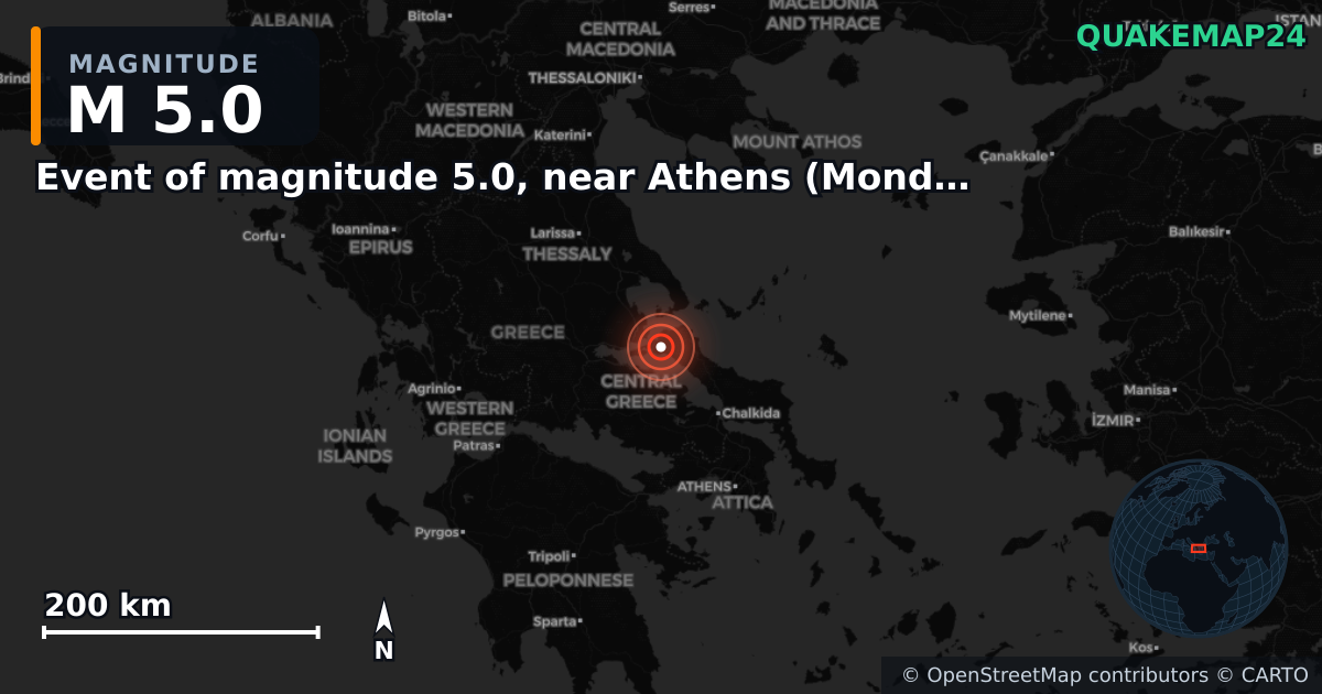 M5.0 earthquake near Event of magnitude 5.0, near Athens (Monde) on Jun 7, 2026 — map of epicenter and shaking intensity | QuakeMap24
