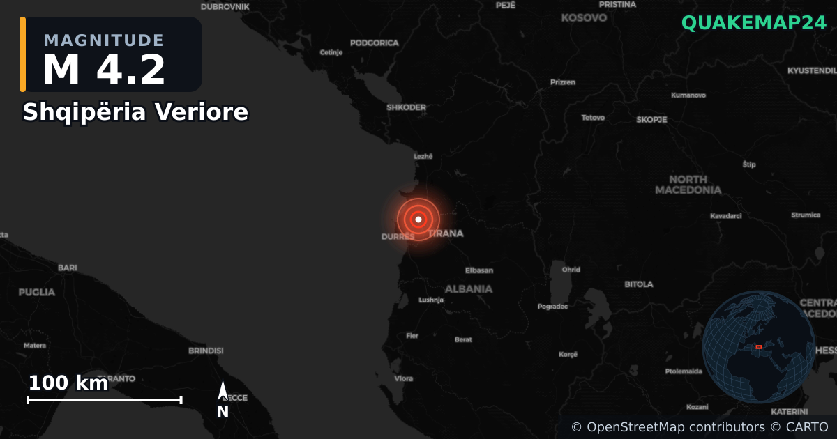 M4.2 earthquake near Shqipëria Veriore on Jun 27, 2025 — map of epicenter and shaking intensity | QuakeMap24