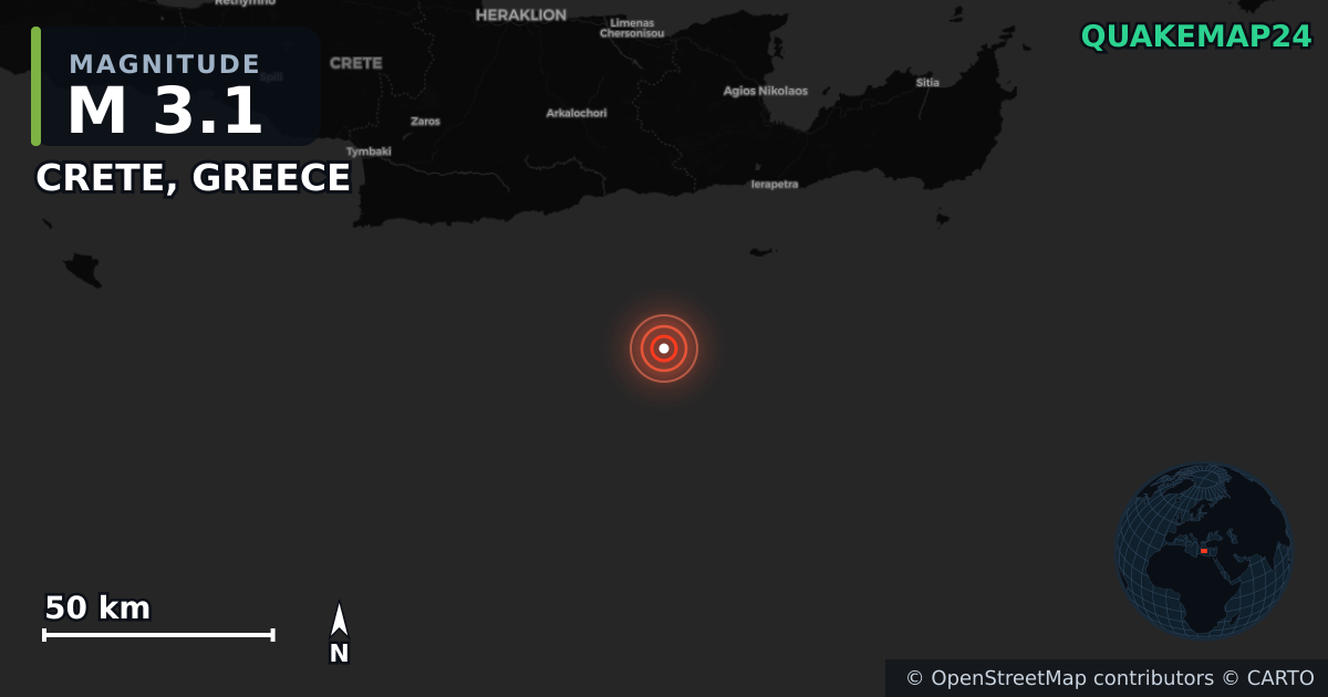 CRETE, GREECE yakınında M3,1 deprem · 2026-10-04 — Deprem merkez üssünün konumunu gösteren harita
