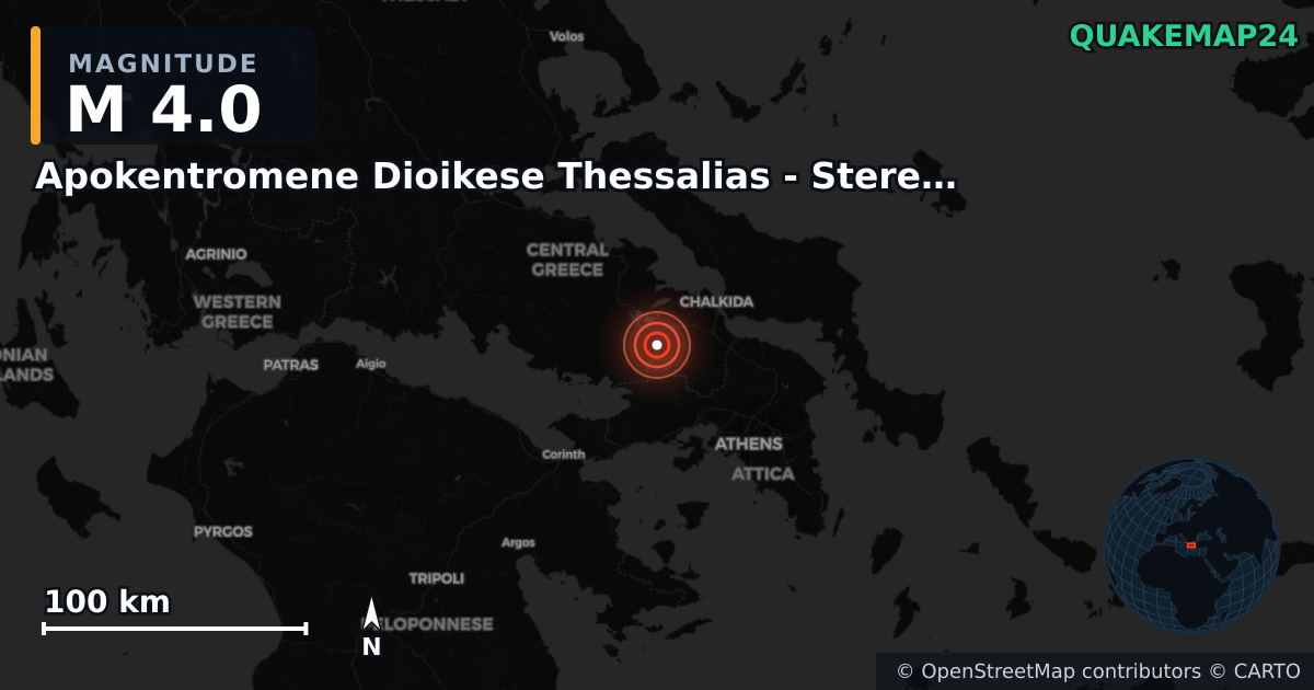 M4.0 earthquake near Apokentromene Dioikese Thessalias - Stereas Ellados on Sep 11, 2025 — map of epicenter and shaking intensity | QuakeMap24