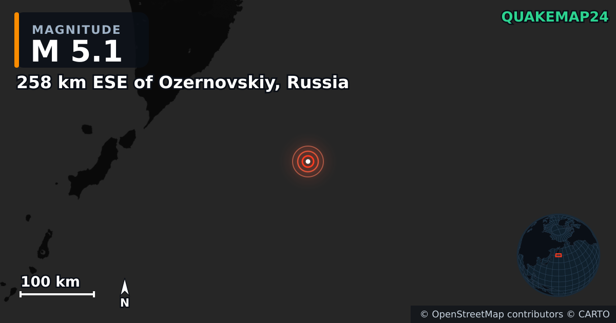 M5.1 earthquake near 258 km ESE of Ozernovskiy, Russia on Jan 27, 2026 — map of epicenter and shaking intensity | QuakeMap24