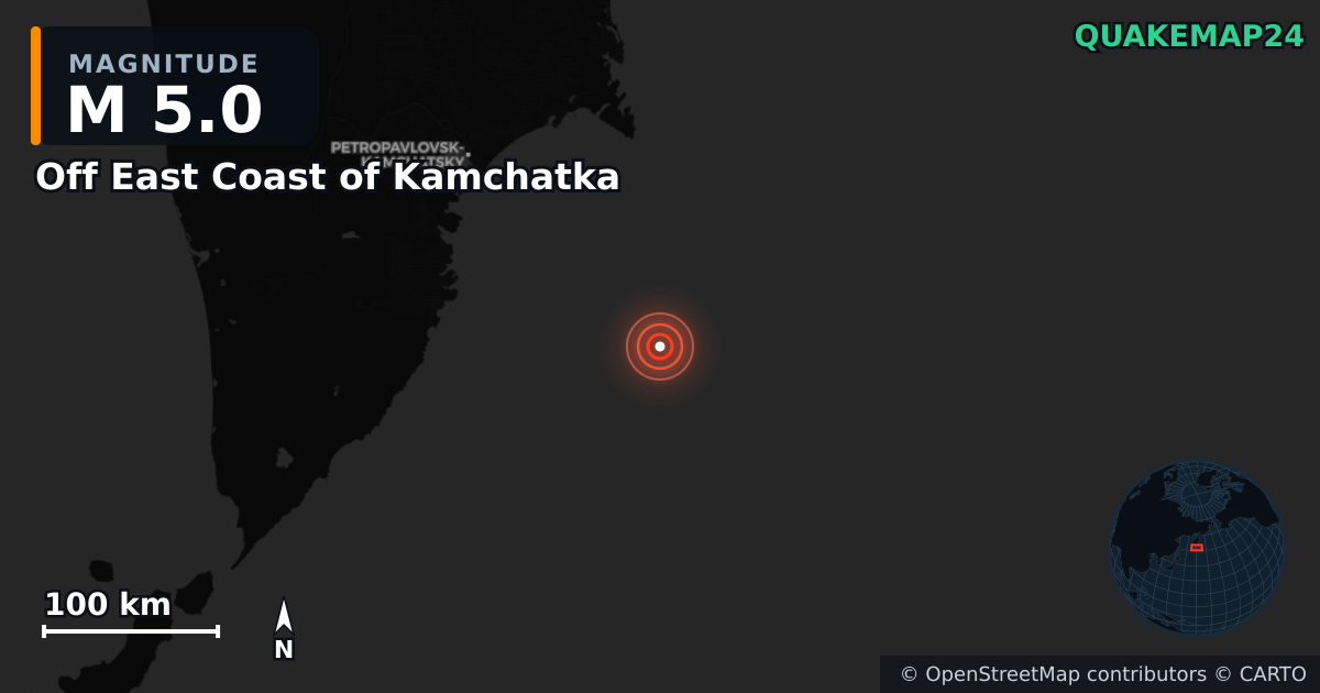 M5.0 earthquake near Off East Coast of Kamchatka on Aug 5, 2025 — map of epicenter and shaking intensity | QuakeMap24