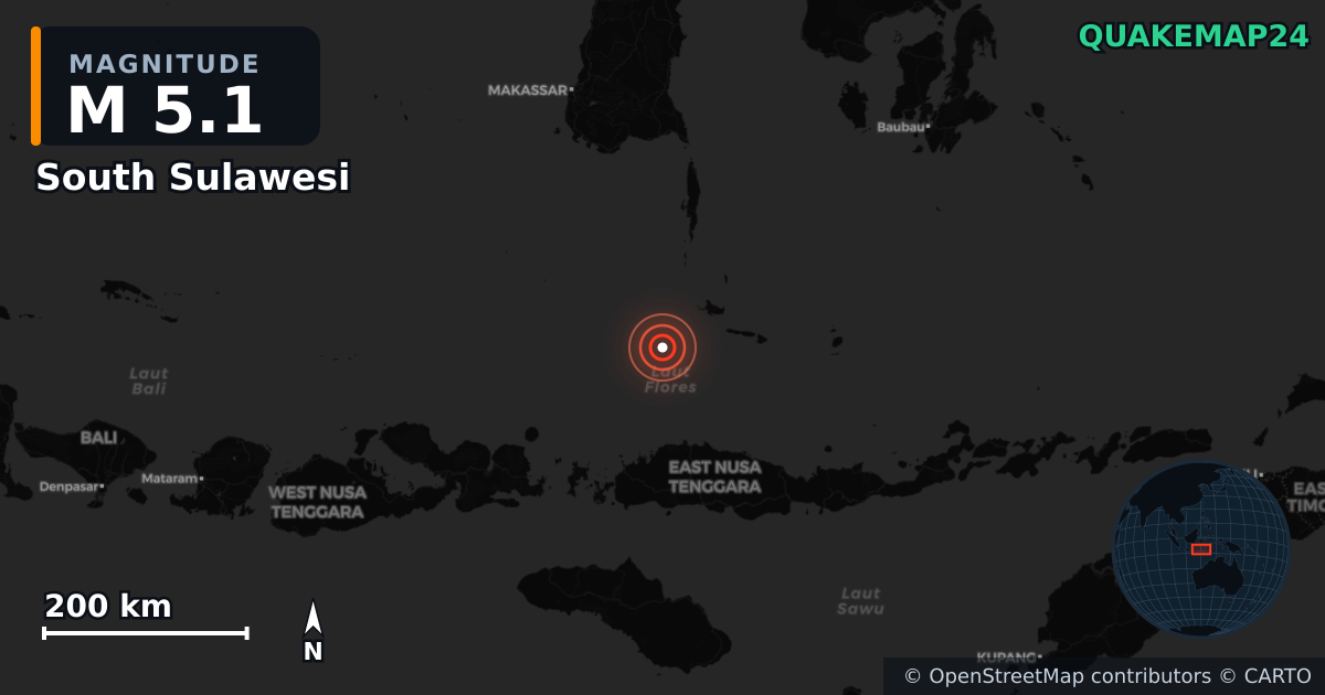 South Sulawesi (Endonezya) yakınında M5,1 deprem · 2026-10-01 — Deprem merkez üssünün konumunu gösteren harita