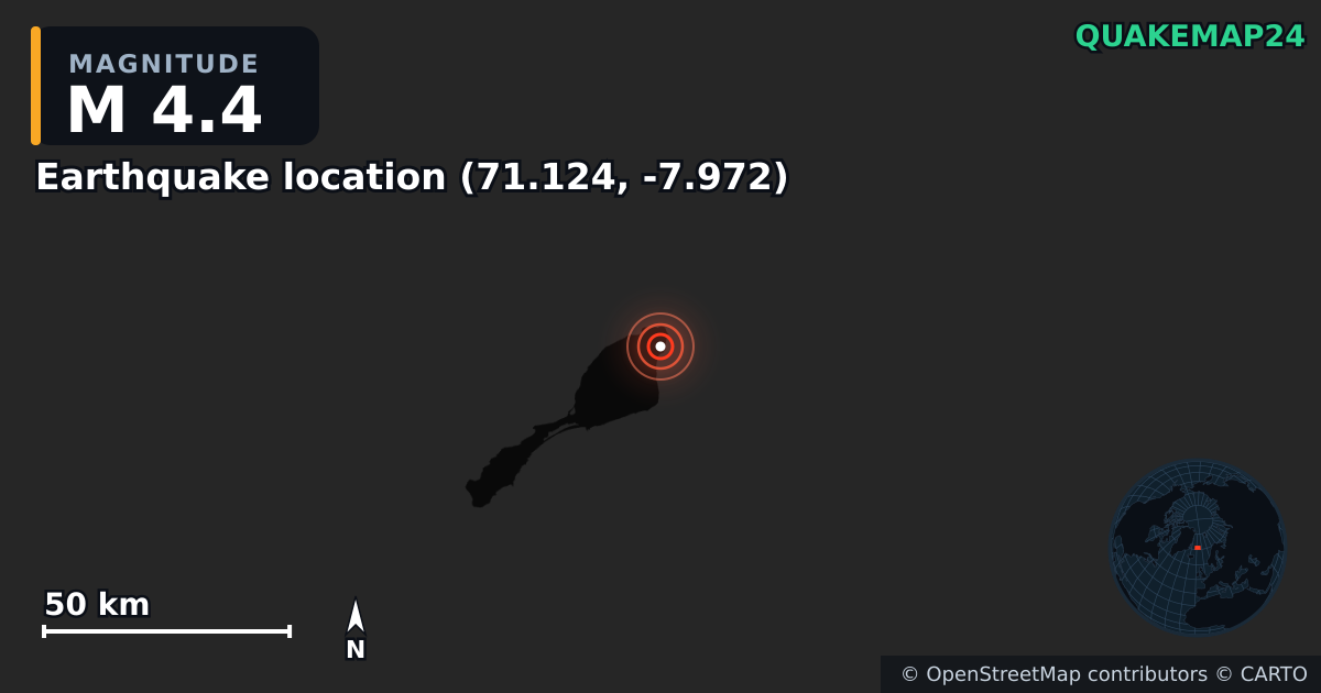 M4.4 earthquake near Earthquake location (71.124, -7.972) on Mar 10, 2025 — map of epicenter and shaking intensity | QuakeMap24